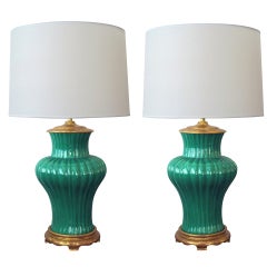 A Vibrant Pair of American 1940's Emerald Green Ribbed Porcelain Lamps