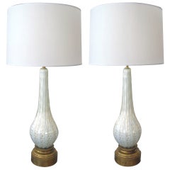 A Shapely Pair of Murano Mid-Century White Art Glass Tear-Drop Form Lamps 