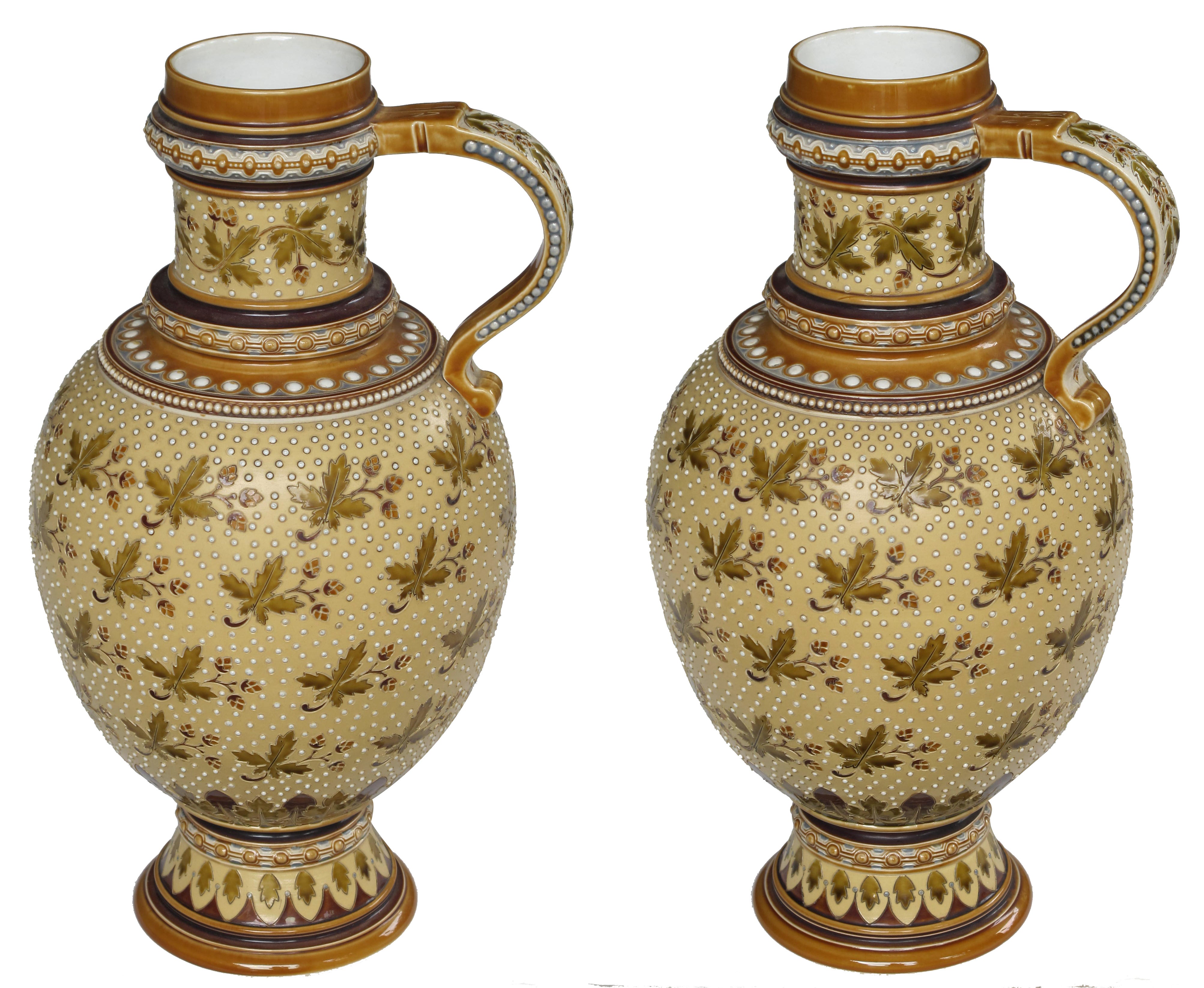 Good Quality Pair of German Mettlach Pottery Ewers with Impressed Maker's Mark