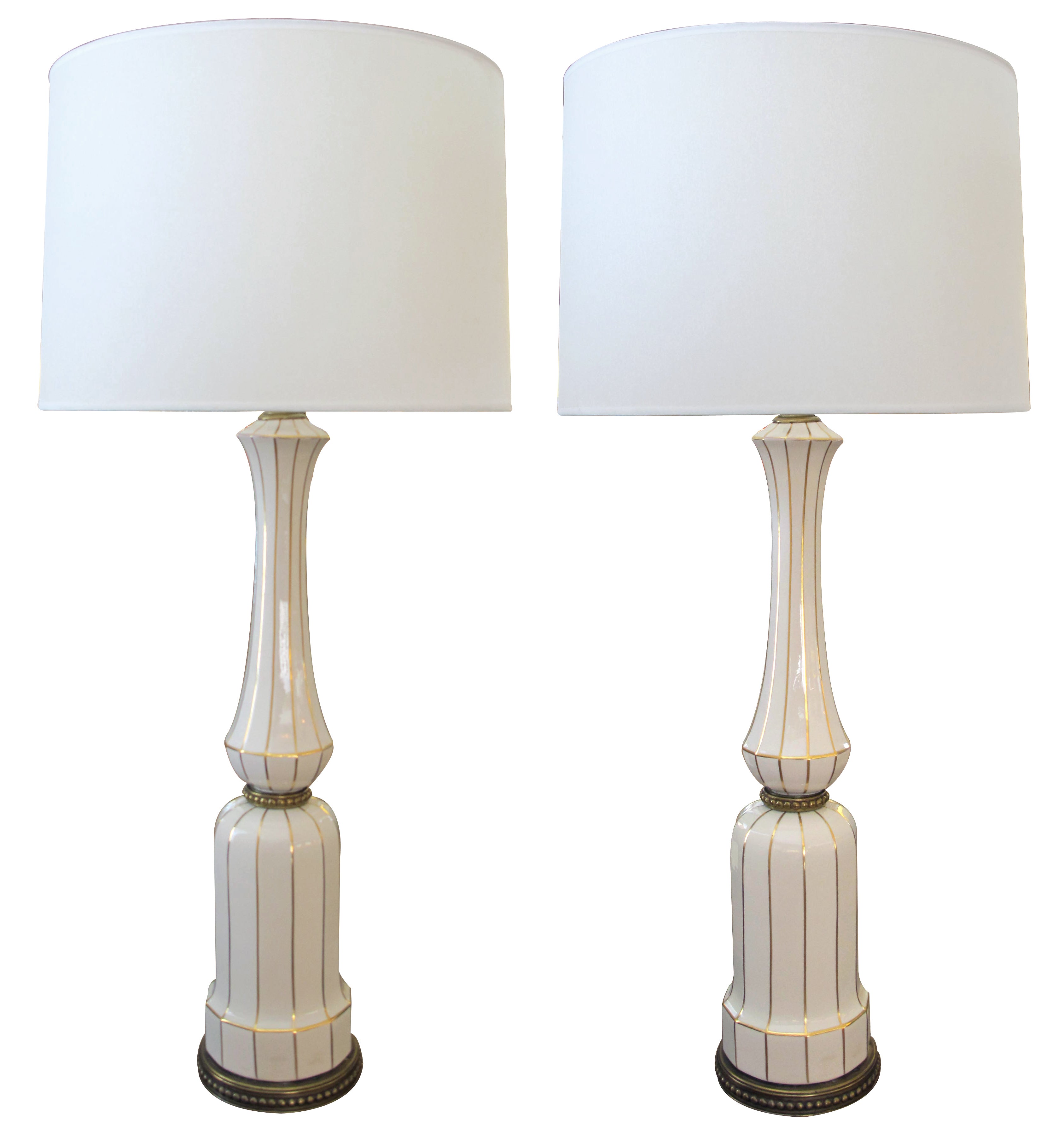 A Tall Pair of American 1960's Ivory Porcelain Baluster-Form Lamps; by Lenox