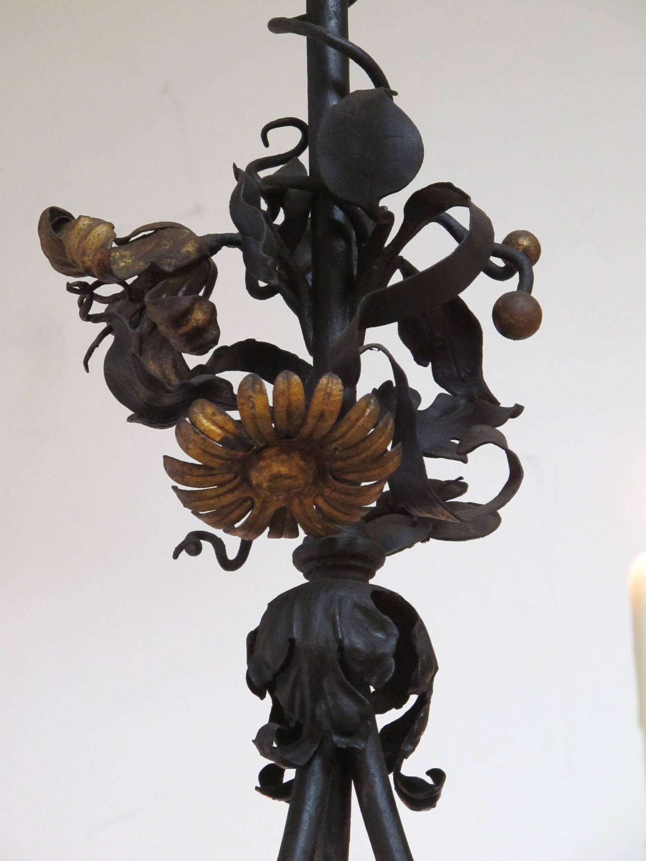 19th Century Faniciful Belgian Six-Light Iron Chandelier with Floral and Foliate Vine