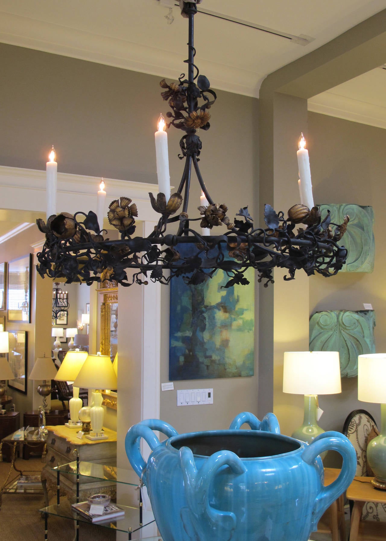 Faniciful Belgian Six-Light Iron Chandelier with Floral and Foliate Vine 5