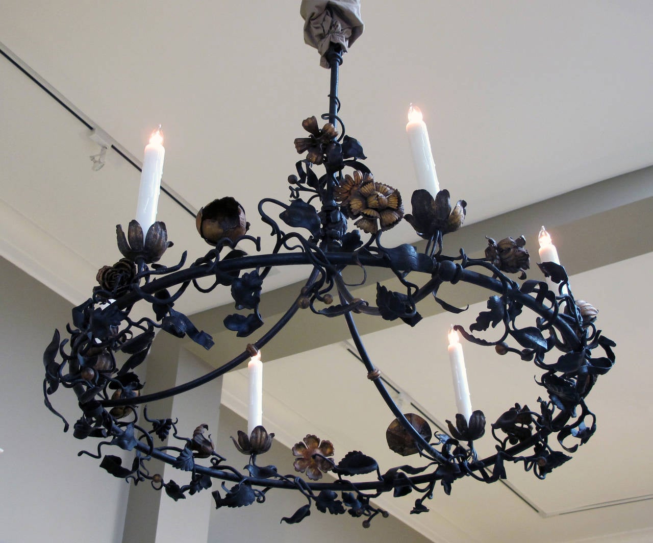Faniciful Belgian Six-Light Iron Chandelier with Floral and Foliate Vine 4