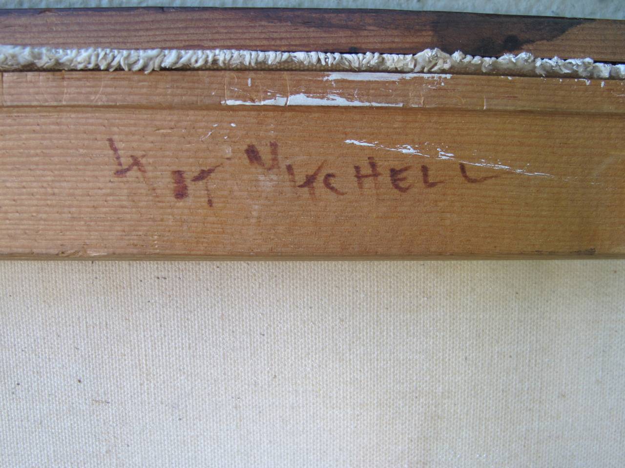 An eloquent American 1960's abstract expressionist painting; signed 'Mitchell' (Kit Mitchell listed as 'Artist of the Month 1963' by Community Arts and Crafts, CA); oil on canvas; the forcefully rendered painting with strong non-geometric brush and