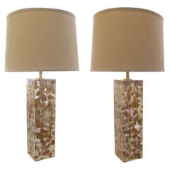 Stylish Pair of American Square-Form Lucite Lamps with Copper Inclusions