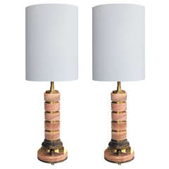 Vintage Pair of French Art Deco Rosso-Pistalo Marble Columnar Lamps