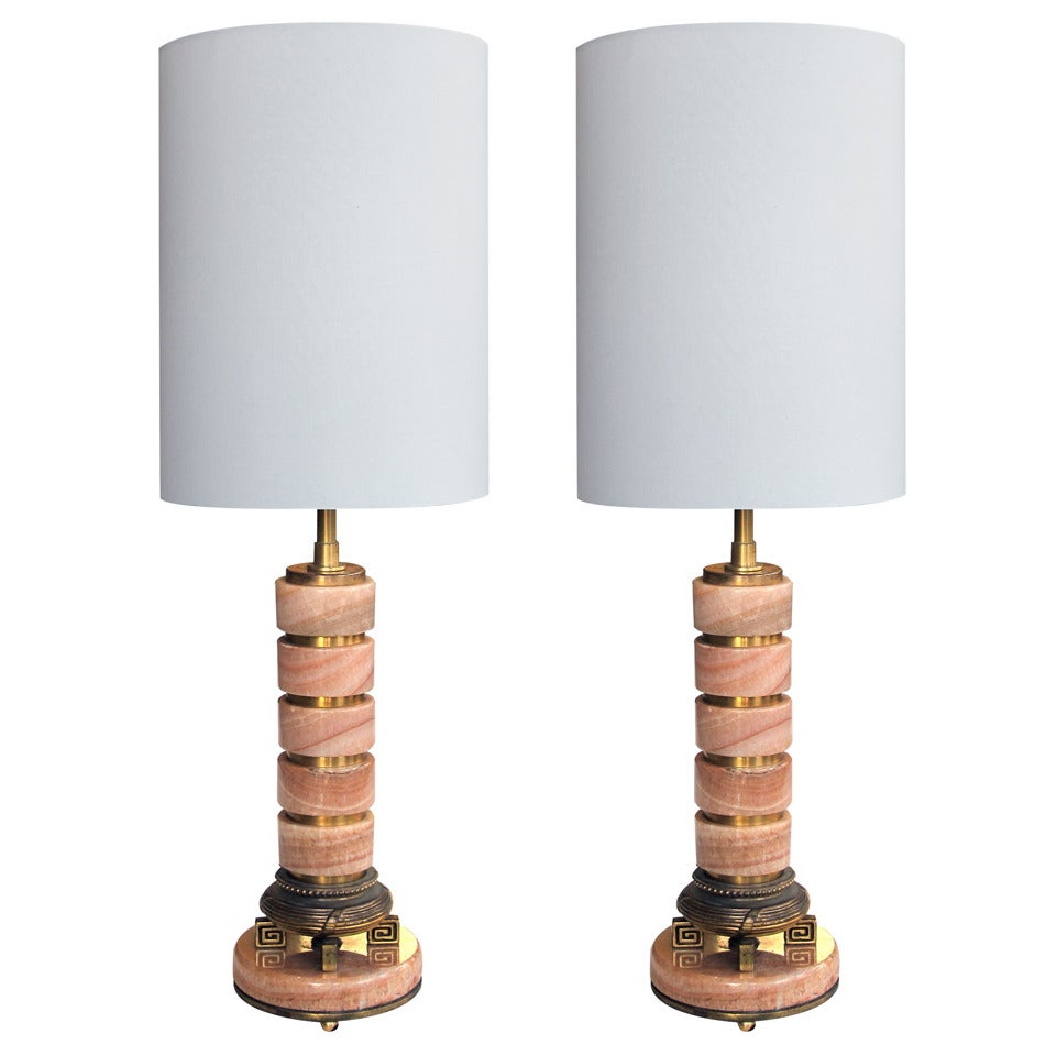 Pair of French Art Deco Rosso-Pistalo Marble Columnar Lamps For Sale