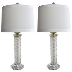 Vintage Shimmering Pair of French 1940's Clear Glass Columnar Lamps
