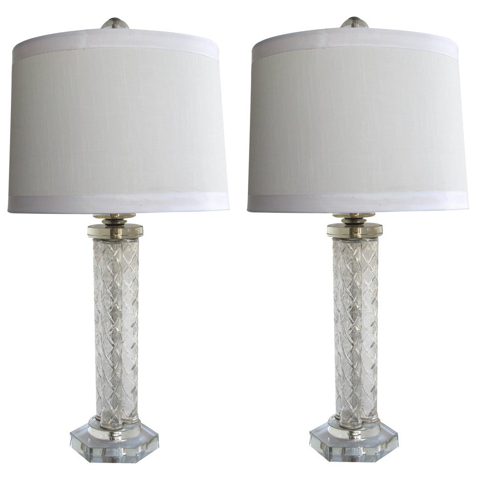 Shimmering Pair of French 1940's Clear Glass Columnar Lamps