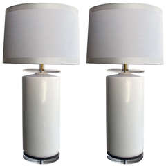 Striking and Stylish Pair of American 1970s White Porcelain Cylindrical Lamps