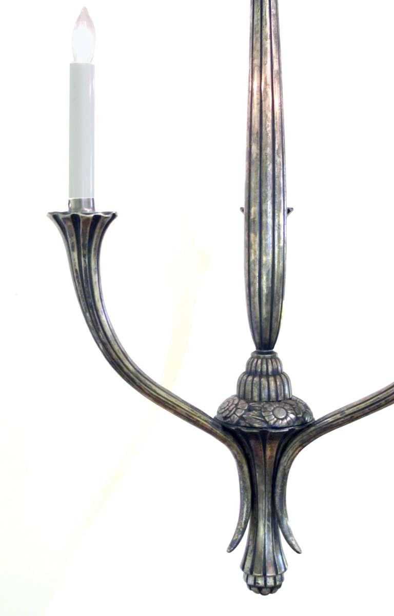 A Graceful French Art Deco Brushed Nickel Three-Arm Chandelier In Excellent Condition In San Francisco, CA