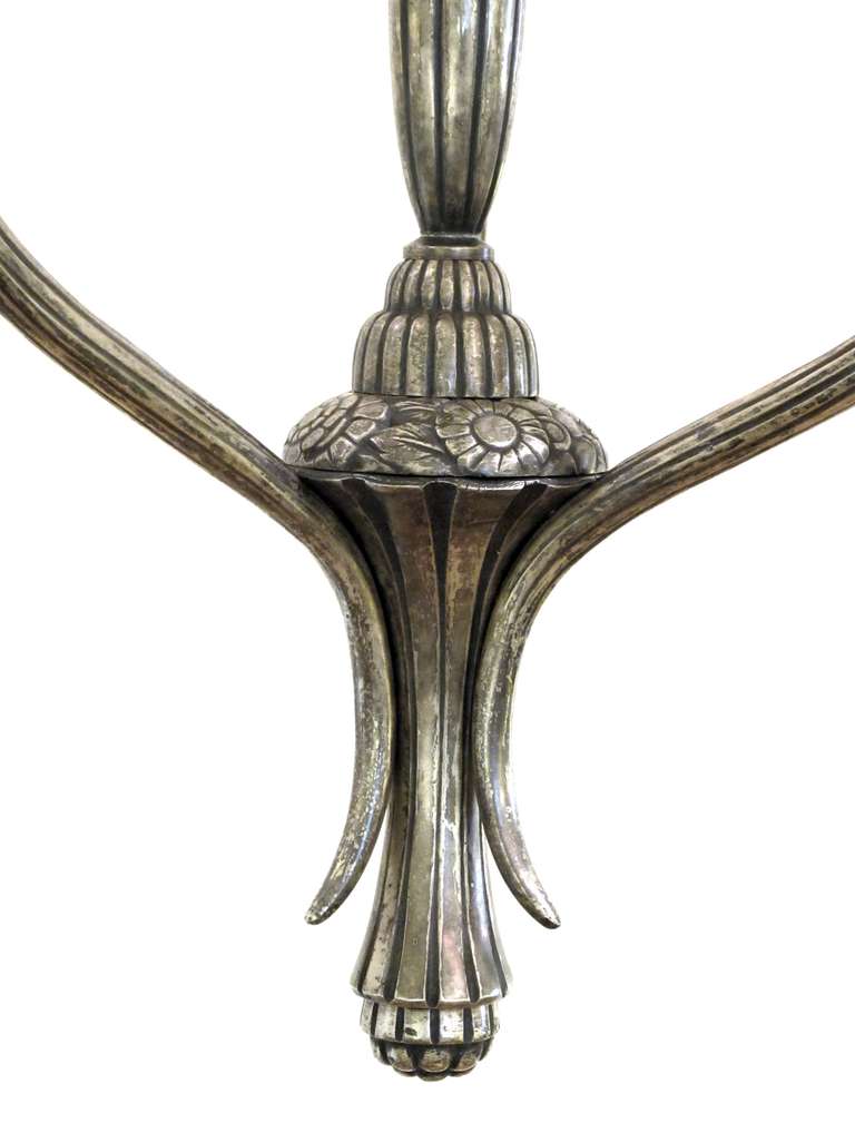 Mid-20th Century A Graceful French Art Deco Brushed Nickel Three-Arm Chandelier