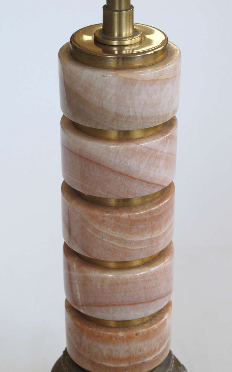 Gilt Pair of French Art Deco Rosso-Pistalo Marble Columnar Lamps For Sale