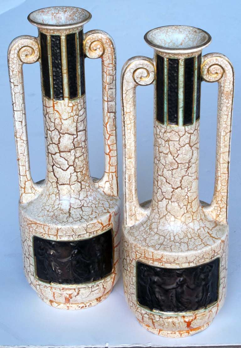 A Stylish Pair of English Art Deco Double-Handled Crackle-Glaze Earthenware Urns In Excellent Condition In San Francisco, CA