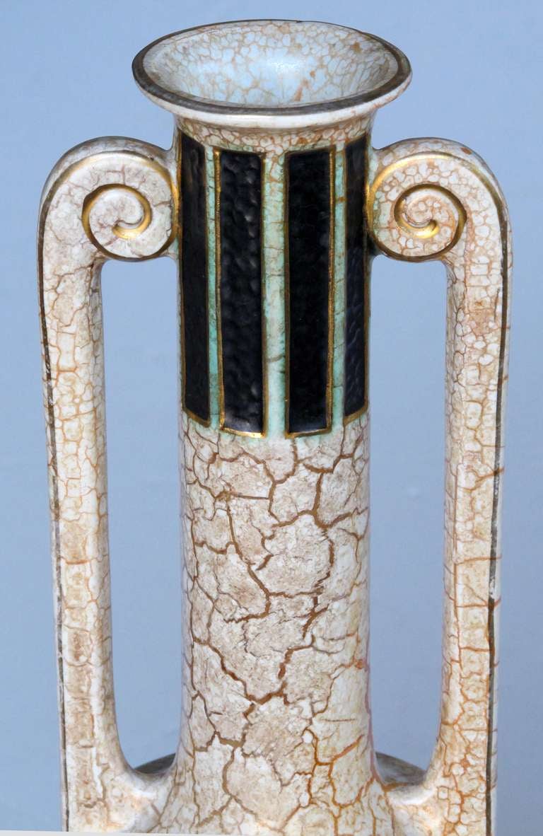 Mid-20th Century A Stylish Pair of English Art Deco Double-Handled Crackle-Glaze Earthenware Urns