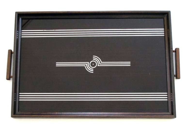 A Chic English Art Deco Mahogany Rectangular Tray with Mirrored Decoration In Excellent Condition In San Francisco, CA