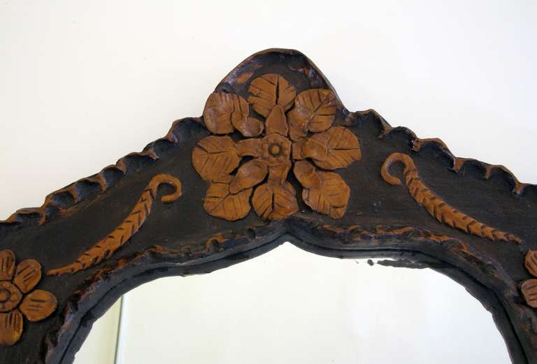 Whimsical French Folk Art Mirror with Raised Floral Relief Decoration In Good Condition In San Francisco, CA
