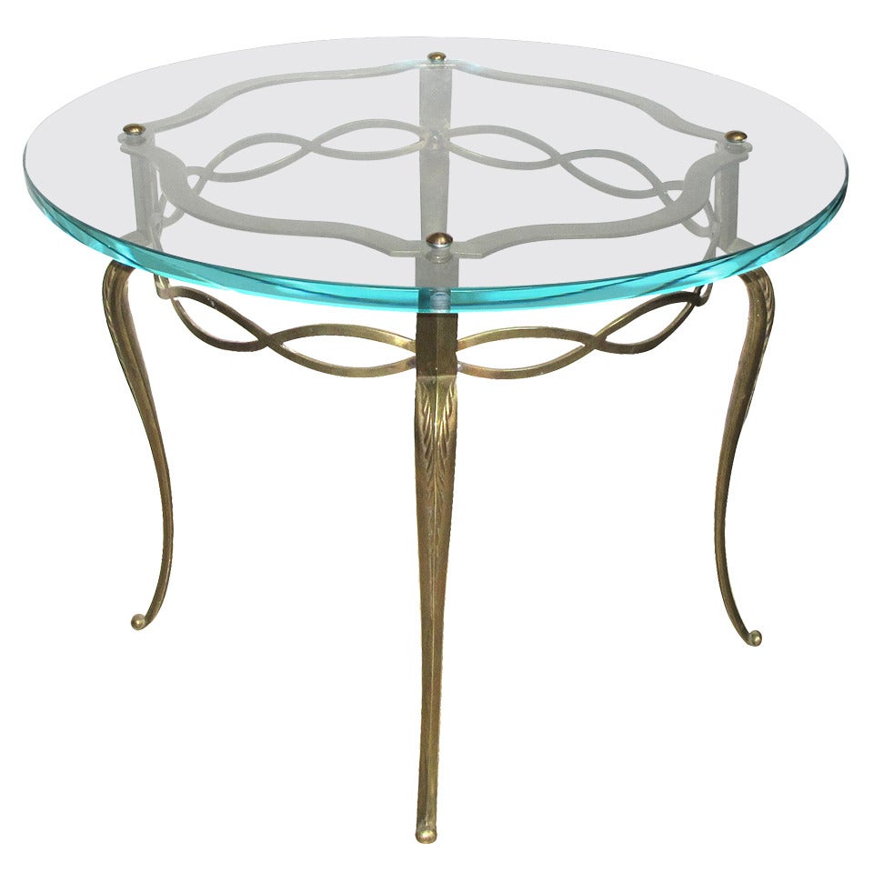 A Graceful French Mid-Century Circular Brass Side Table with Glass Top