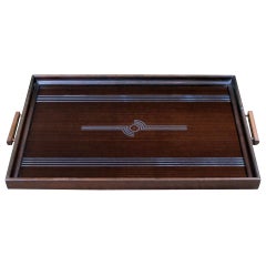 Elegante bandeja rectangular inglesa Art Decó de caoba con decoración de espejos