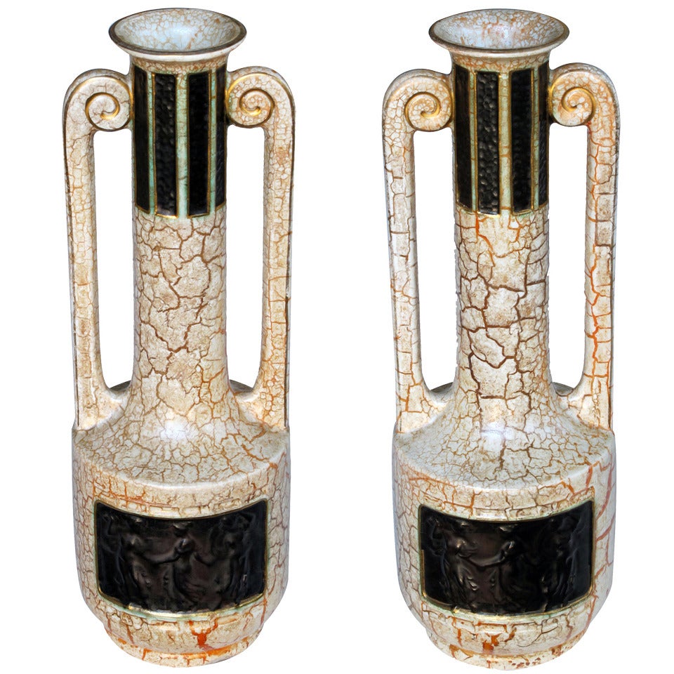 A Stylish Pair of English Art Deco Double-Handled Crackle-Glaze Earthenware Urns