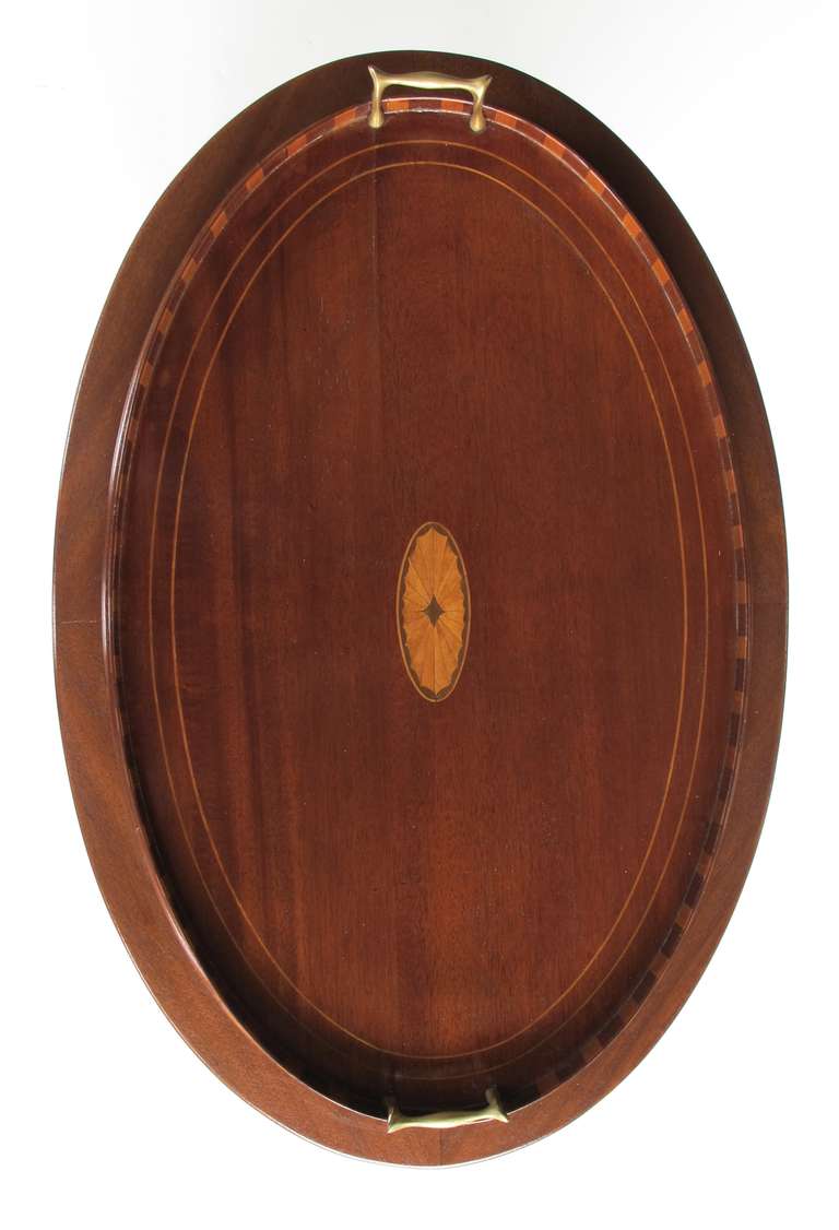 19th Century Warmly-Patinated English Oval Mahogany Inlaid Tray with Brass Handles
