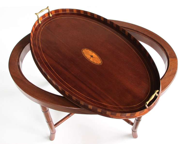 Warmly-Patinated English Oval Mahogany Inlaid Tray with Brass Handles 1