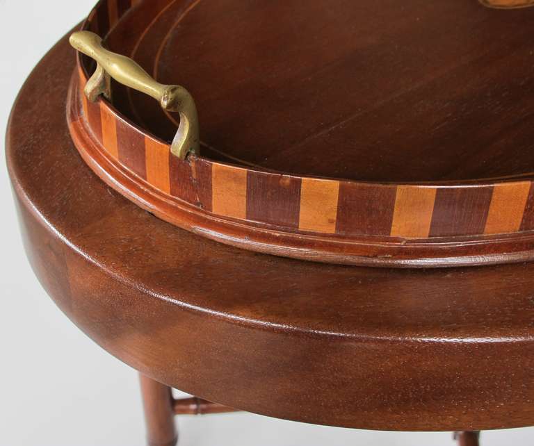 Warmly-Patinated English Oval Mahogany Inlaid Tray with Brass Handles 2
