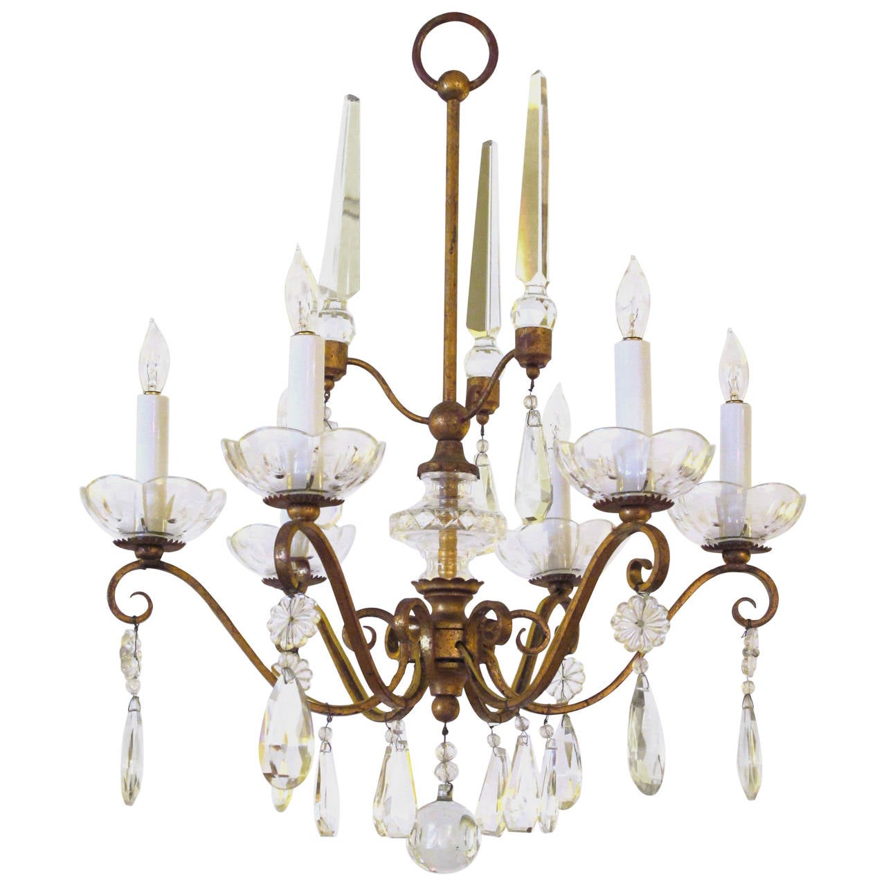 Elegant French 1940s GiltMetal SixLight Chandelier with Crystal
