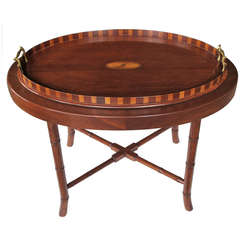 Warmly-Patinated English Oval Mahogany Inlaid Tray with Brass Handles