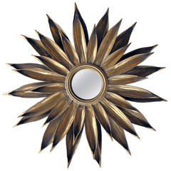 A Large-Scaled Italian 1960's Gilt-Tole Foliate Starburst Convex Mirror