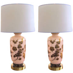 Elegant Pair of French 1950s Pink Art Glass Lamps with Gilt Decoration