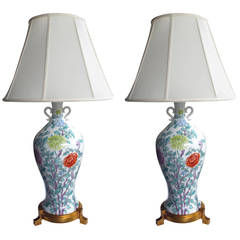 Vintage Fine Pair of Baluster-Form Hand-Painted Porcelain Lamps by Marbro Co