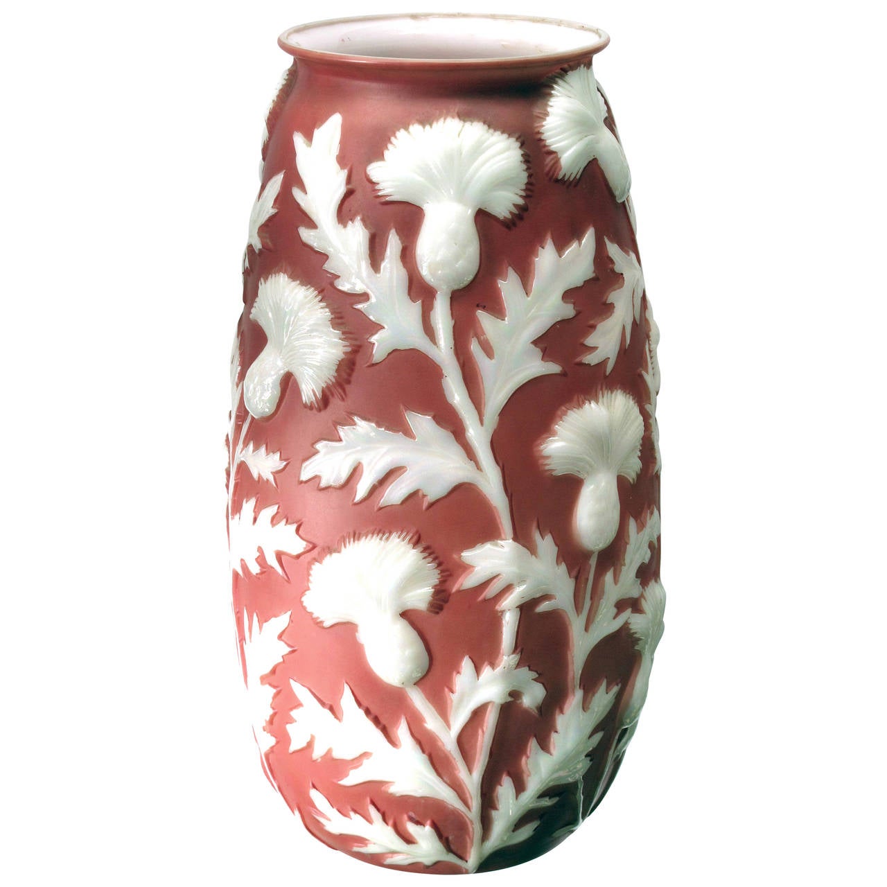 Tall American Sculpted Art Glass Vase with Raised Meandering Thistle