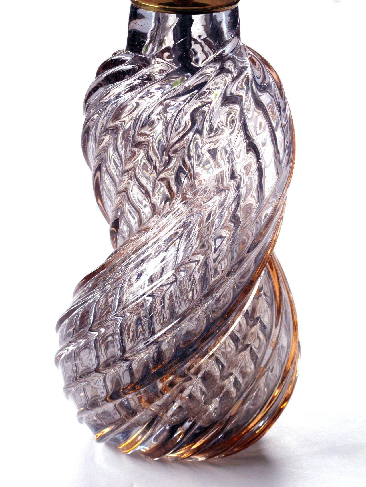 A shapely Murano 1960's helix-form lamp of aubergine art glass; by Barbini; of unusual form of spiraling ribbed glass