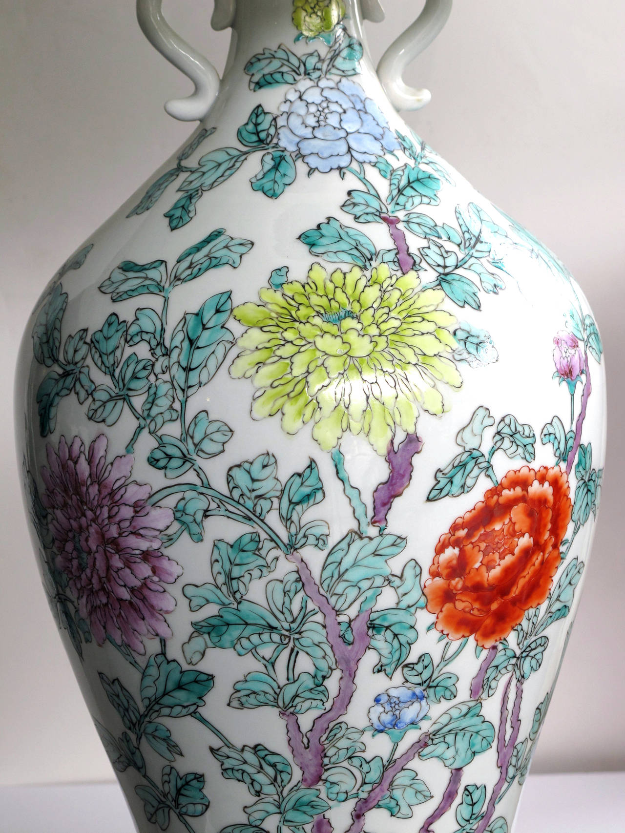Fine Pair of Baluster-Form Hand-Painted Porcelain Lamps by Marbro Co