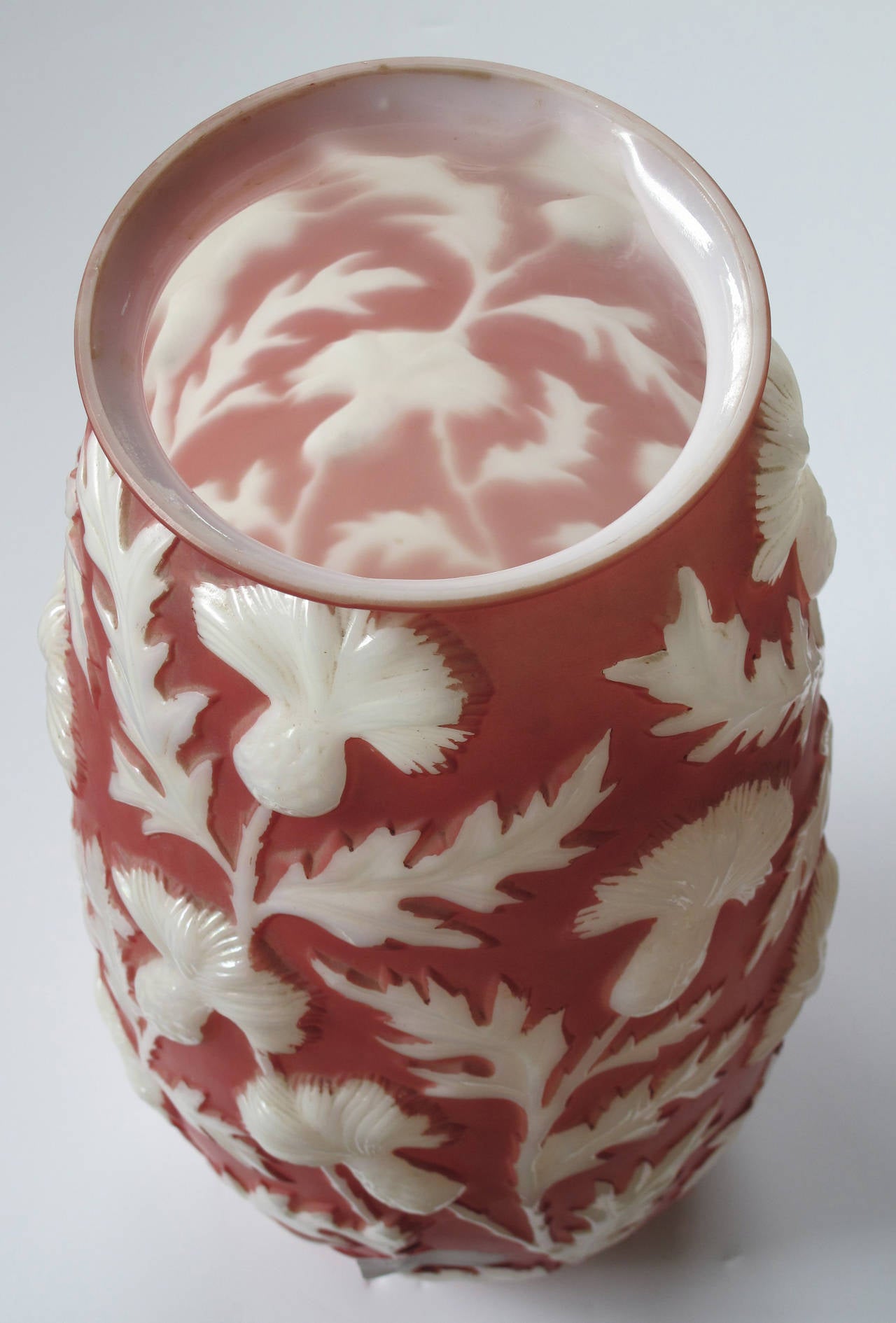 Tall American Sculpted Art Glass Vase with Raised Meandering Thistle