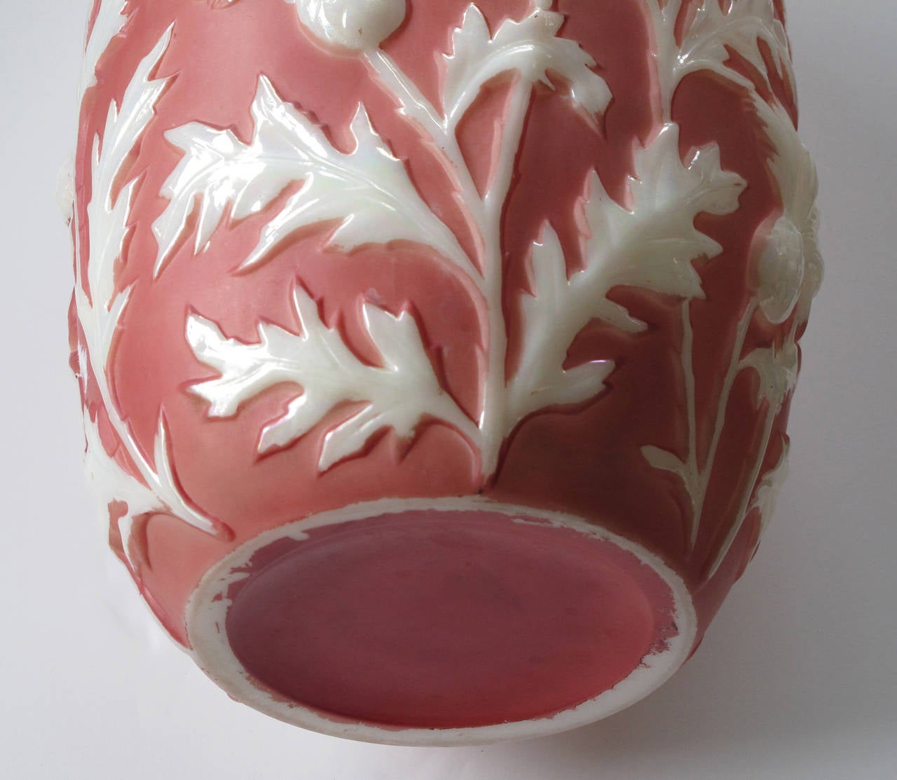 Tall American Sculpted Art Glass Vase with Raised Meandering Thistle