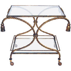 Midcentury Gilt Metal, Two Tier Faux Ropetwist Bar Cart