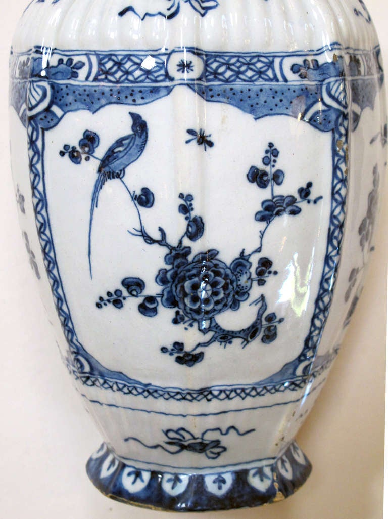 18th Century and Earlier Good 18th Century Dutch Delft Blue & White Ribbed Covered Vase with Lion Finial
