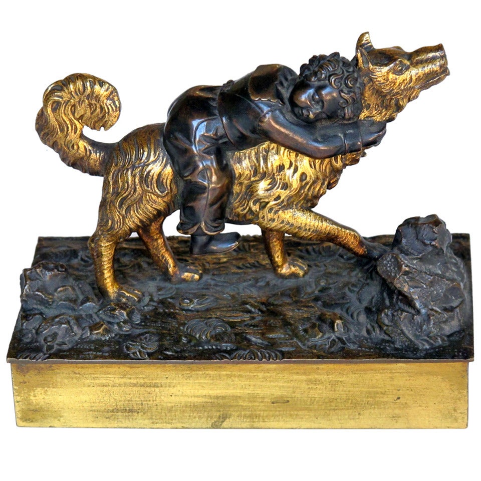 A French Bronze Figure of a Boy on a Dog Attributed to Joseph Victor Chemin