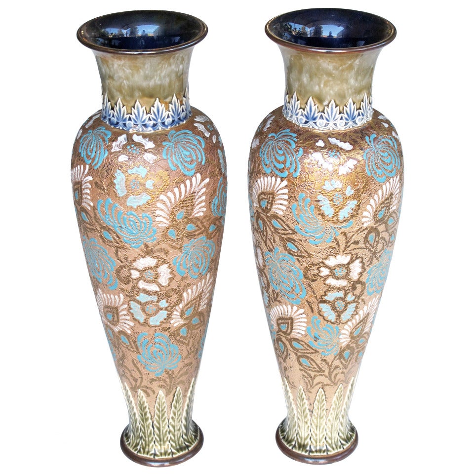 A Tall Pair of English Royal Doulton Enameled Slater's Patent Stoneware Vases
