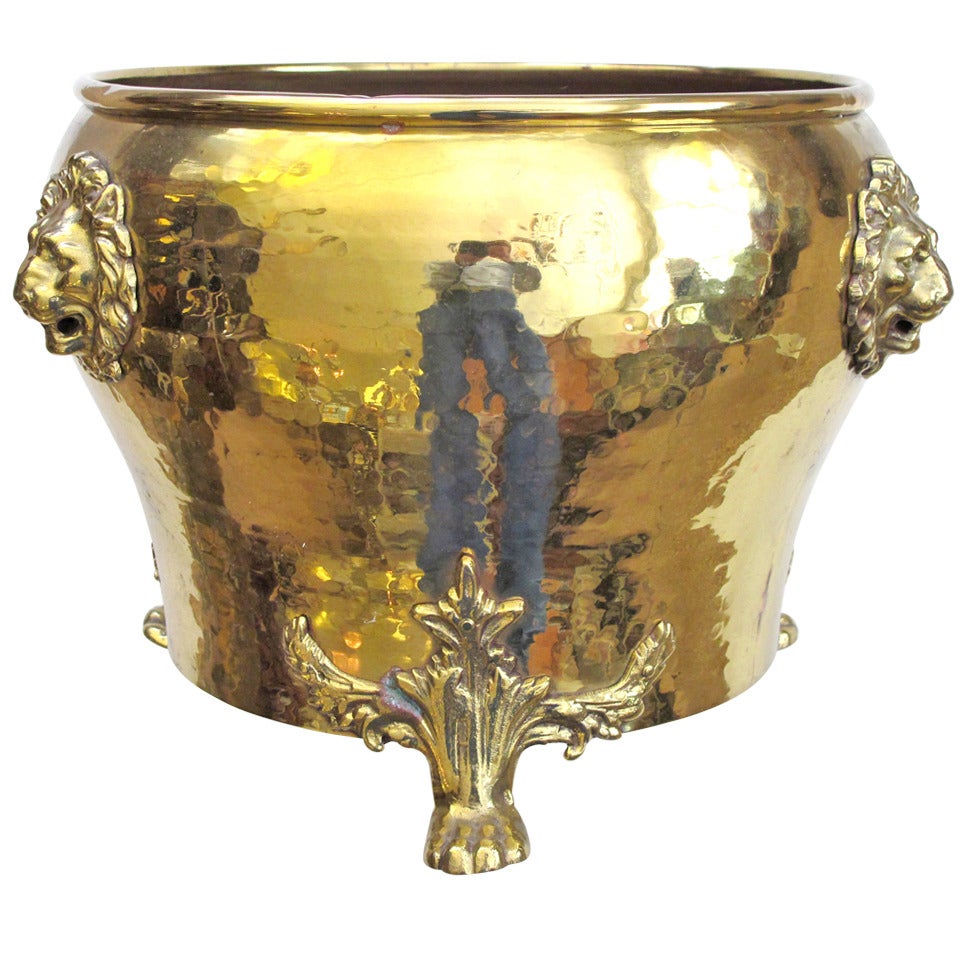 A Rare Imperial Russian Hand-Hammered Brass Jardiniere w/Lion Head Mounts For Sale