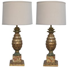 Pair of Italian Painted and Parcel-Gilt, Carved Wood Pineapple Form Lamps
