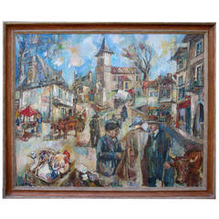 Peinture française d'une scène de marché animée ; signée Jolifie-Conin 61