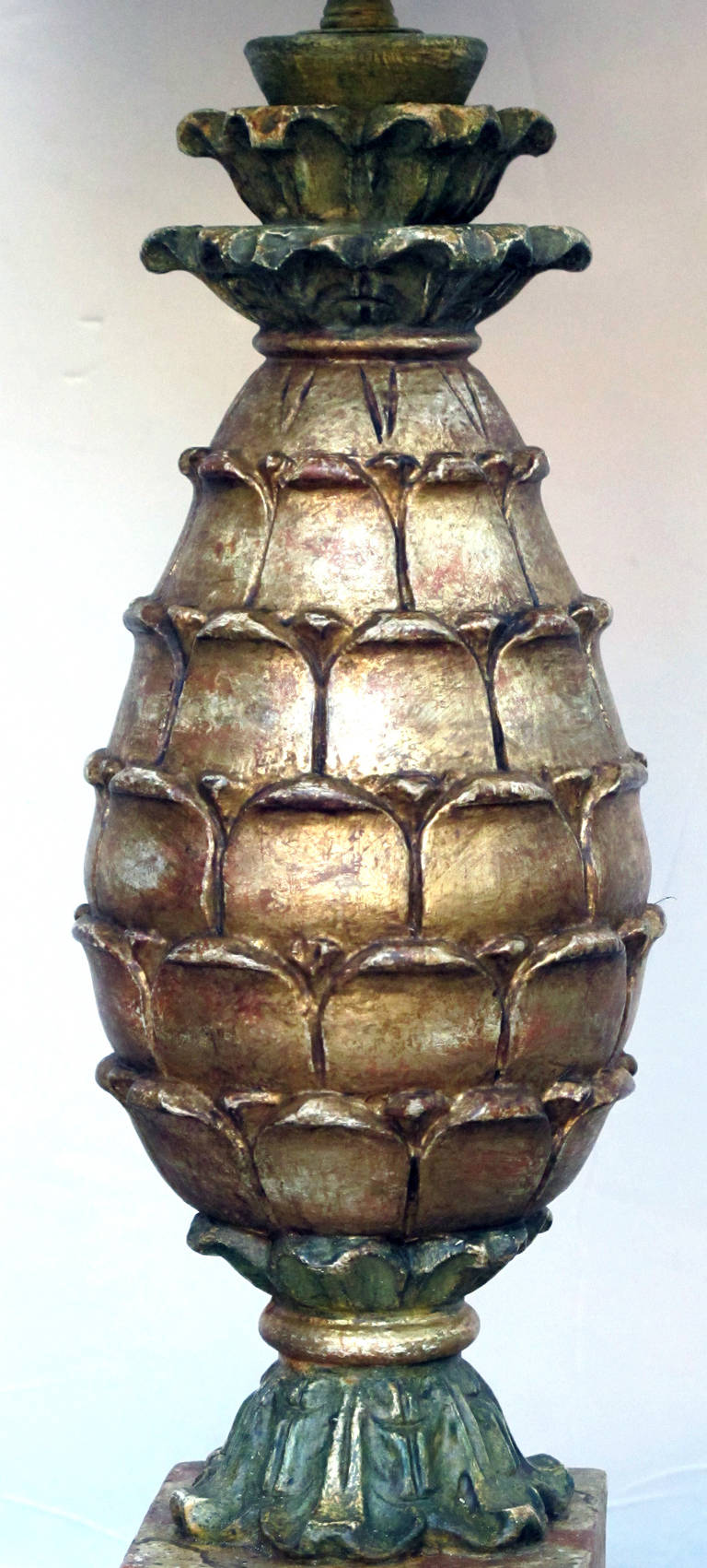 Mid-20th Century Pair of Italian Painted and Parcel-Gilt, Carved Wood Pineapple Form Lamps
