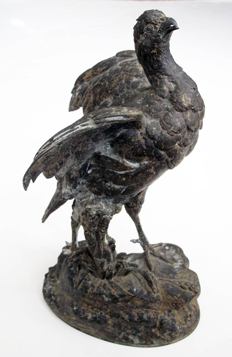 A finely-rendered French Spelter figure of a standing pheasant; after a sculpture by Paul Comolera, 1818-1897; impressed signature 'P Comolera'; the expressive upturned head above a well-delineated body with outspread wings standing on a rockwork