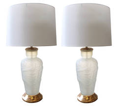 Pair of French Frosted Glass Lamps Adorned with Raised Exotic Birds