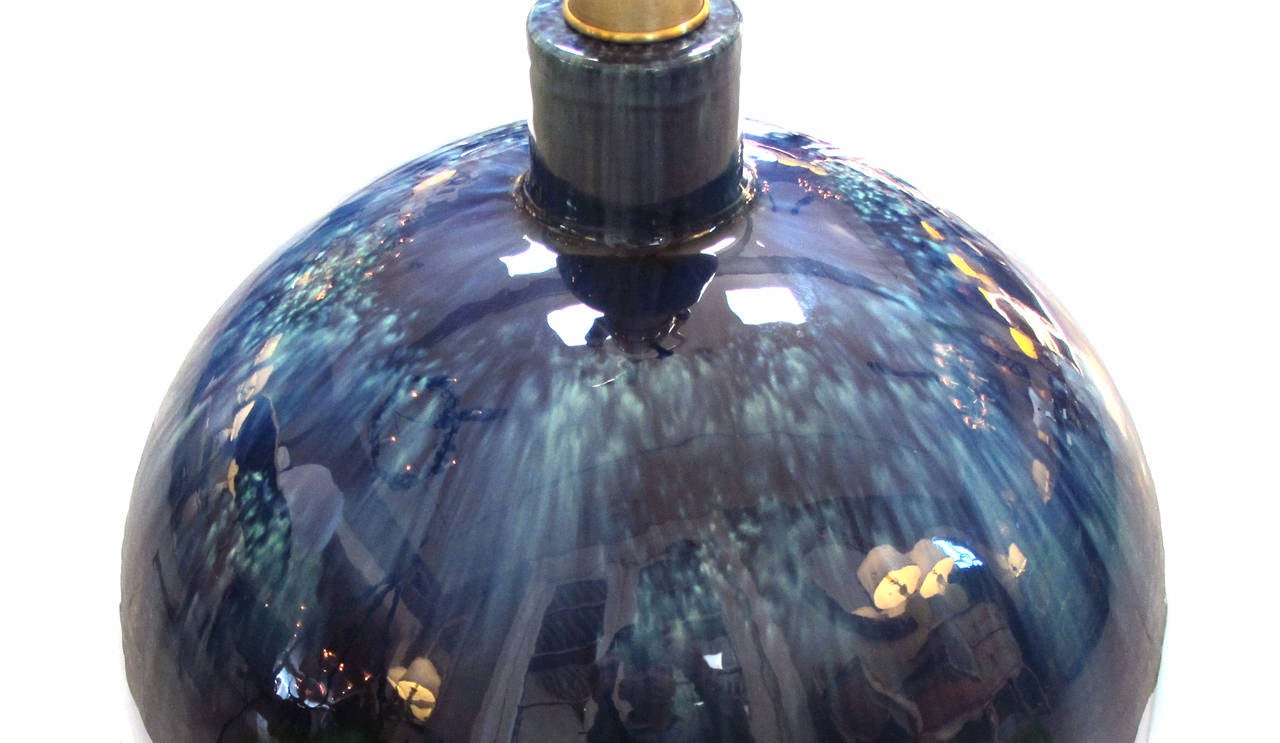 Striking Pair of Danish Blue and Green Drip-Glazed Ceramic Orb-Form Lamps