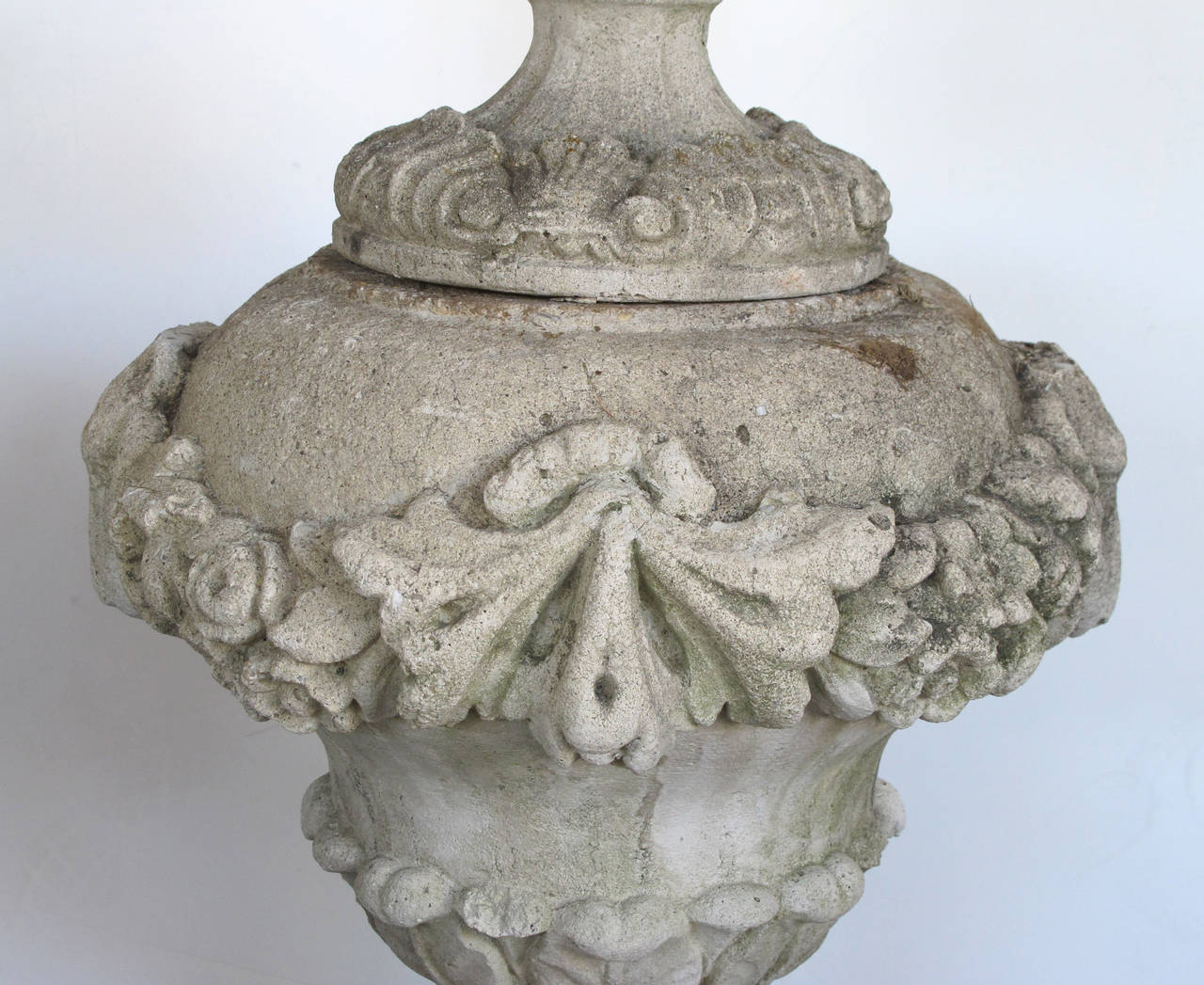 Pair of English Cast Stone Urn-Form Finials with Swag and Ram's-Head Motif 2