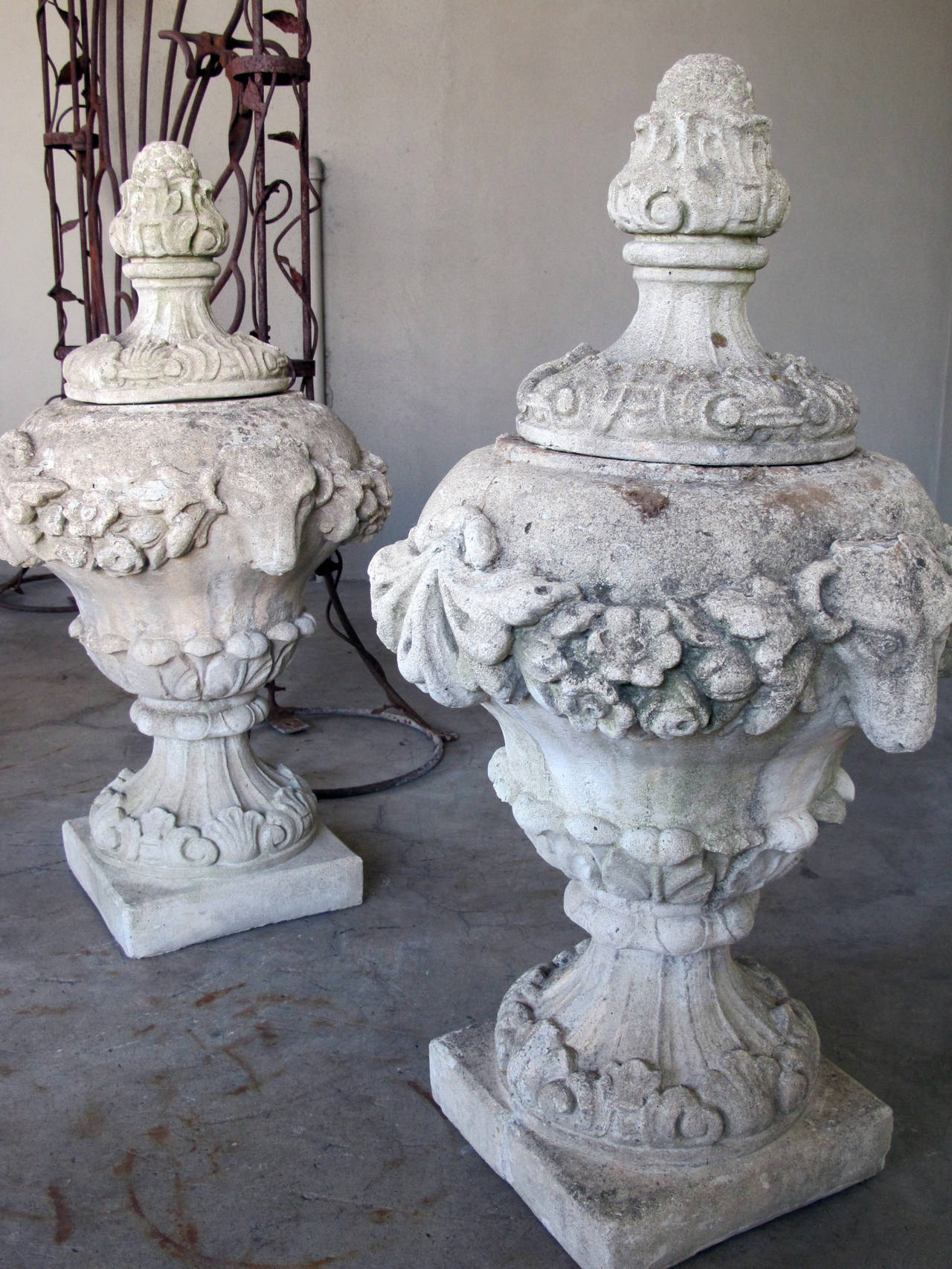Great Britain (UK) Pair of English Cast Stone Urn-Form Finials with Swag and Ram's-Head Motif